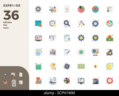 Professionnellement conçu 36 icônes vectorielles dans Flat, capturant l'essence des dépenses avec 128x128 PIXELS précision parfaite pour la conception d'interface utilisateur. Illustration de Vecteur
