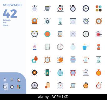 Ultime collection de 42 icônes vectorielles représentant Stopwatch en esthétique plate, optimisée avec 128x128 PIXELS résolution parfaite pour un impact maximal. Illustration de Vecteur