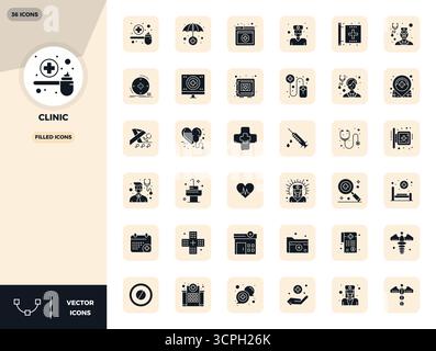Cet ensemble de 36 icônes vectorielles remplies capture des thèmes de clinique en 128x128 PIXELS DE qualité parfaite, parfait pour les applications technologiques et commerciales. Illustration de Vecteur
