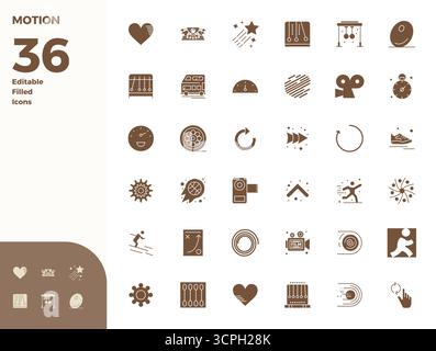 Découvrez un ensemble de 36 icônes vectorielles remplies de glyphes conçues pour le thème Motion, avec des designs parfaits 128x128 PIXELS idéaux pour les projets UI / UX modernes. Illustration de Vecteur