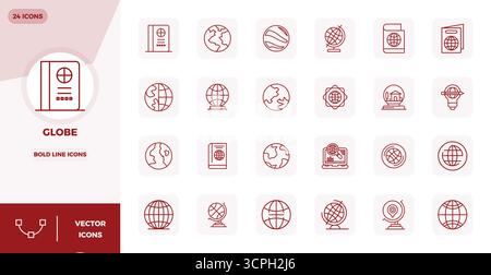 Collection haute performance de 24 icônes vectorielles Bold Line pour Globe, conçue avec une résolution parfaite de 128x128 PIXELS pour une conception optimale de l'interface utilisateur Illustration de Vecteur