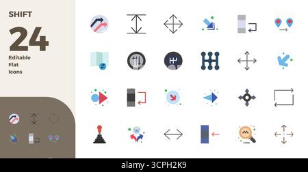 Soigneusement sélectionnés 24 icônes vectorielles plates pour Shift, avec une résolution parfaite de 128x128 PIXELS pour une représentation cohérente de la marque et une expérience utilisateur. Illustration de Vecteur