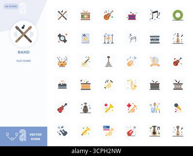 Ultime collection de 36 icônes vectorielles représentant Band in Flat Aesthetic, optimisée avec 128x128 PIXELS résolution parfaite pour un impact maximal. Illustration de Vecteur