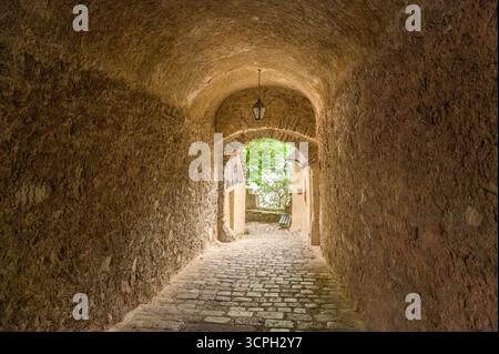 Une arche mène à une cour pittoresque à Hallstatt, en Autriche, avec une verdure vibrante et des pavés vintage éclairés par une douce lumière naturelle, Banque D'Images