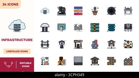 Améliorez vos projets avec 24 icônes vectorielles Flat Lineal Color sur le thème de l'infrastructure, avec une résolution parfaite de 128x128 PIXELS idéale pour nettoyer Illustration de Vecteur