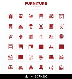 Ensemble sophistiqué de 36 icônes vectorielles SolidFill pour meubles, conçu avec 128x128 PIXELS clarté parfaite pour les applications professionnelles. Illustration de Vecteur