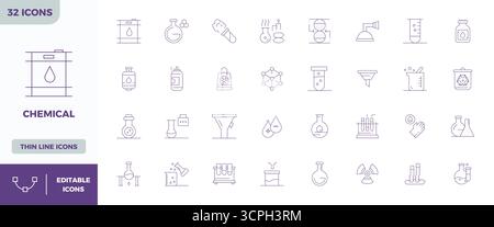 Bundle stratégique avec 32 icônes vectorielles représentant chimique au format minimal Line, optimisé avec 128x128 PIXELS DE qualité parfaite pour les professionnels Illustration de Vecteur