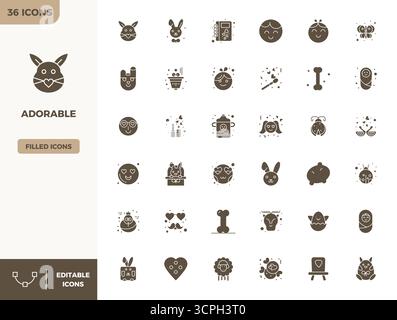 Collection ultime de 36 icônes vectorielles représentant adorable en esthétique remplie, optimisée avec 128x128 PIXELS résolution parfaite pour un impact maximal. Illustration de Vecteur
