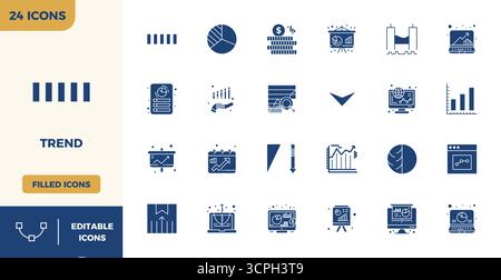 Pack stratégique comprenant 24 icônes vectorielles représentant Trend au format rempli, optimisé avec 128x128 PIXELS DE qualité parfaite pour le flux de travail professionnel Illustration de Vecteur