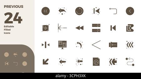 Un ensemble polyvalent de 24 icônes vectorielles pleines de PIXELS pleins de glyphes concentrées sur le précédent, livré dans un format 128x128 net idéal pour les applications mobiles et web Illustration de Vecteur