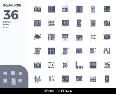 Collection de 36 icônes vectorielles pleines de PIXEL DE glyphe pour égaliseur, conçu en format 128x128 pour la clarté et la polyvalence. Illustration de Vecteur