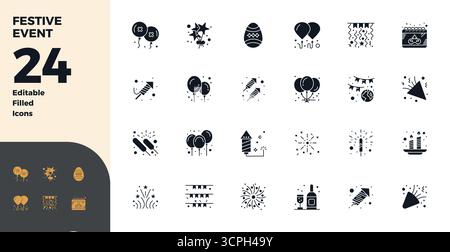 Boîte à outils complète de 24 icônes vectorielles sur le thème de l'événement festif, développé en glyphe rempli de 128x128 PIXELS précision parfaite pour des polyvalents Illustration de Vecteur