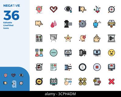 Ensemble simplifié de 36 icônes vectorielles pour négatif en esthétique Duotone, avec une résolution parfaite de 128x128 PIXELS pour une expérience utilisateur transparente. Illustration de Vecteur