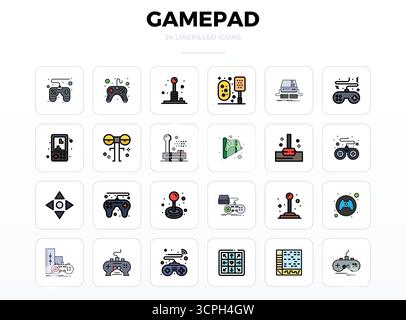 Cette collection comprend 24 icônes vectorielles LineFill PIXEL Perfect adaptées au thème Gamepad, optimisées au format 128x128 pour la conception numérique. Illustration de Vecteur