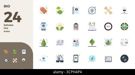 Collection exclusive de 24 icônes vectorielles plates pour Bio, développée avec une résolution parfaite de 128x128 PIXELS pour des expériences de marque premium. Illustration de Vecteur