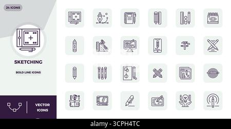 Découvrez un ensemble de 24 icônes vectorielles Bold Line conçues pour le thème Sketch, avec des designs parfaits 128x128 PIXELS idéaux pour les projets UI / UX modernes. Illustration de Vecteur