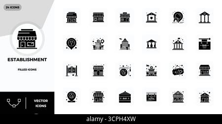 Explorez 24 icônes vectorielles pleines de PIXELS parfaits en résolution 128x128 inspirées par l'établissement. Parfait pour les interfaces Web et d'application. Illustration de Vecteur