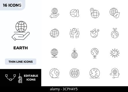 Un ensemble dynamique de 16 icônes vectorielles en ligne minimale, adapté pour la Terre avec 128x128 PIXELS DE qualité parfaite adapté aux produits numériques. Illustration de Vecteur