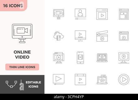 Boîte à outils complète de 16 icônes vectorielles sur le thème de la vidéo en ligne, développée en ligne minimale avec 128x128 PIXELS précision parfaite pour desi polyvalent Illustration de Vecteur