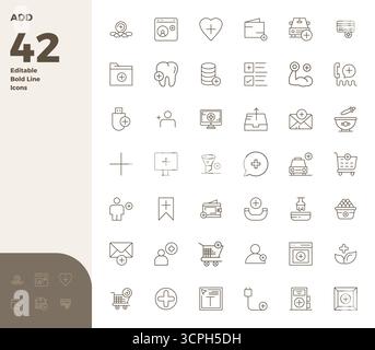 Ensemble de 42 icônes vectorielles Bold Line PIXEL Perfect sur le thème d'Add, conçu en résolution 128x128 pour une intégration transparente dans les applications et les sites Web. Illustration de Vecteur