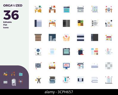 Icônes vectorielles parfaites de 36 PIXELS intelligemment conçues inspirées par organisées, créées en format plat à 128x128 pour des workflows de conception intelligents et efficaces Illustration de Vecteur