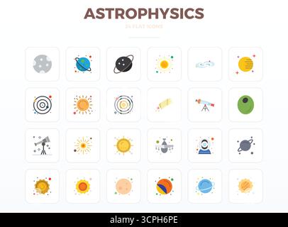 Magistralement créé 24 icônes vectorielles représentant l'astrophysique dans un design minimal Flat, avec une résolution parfaite de 128x128 PIXELS pour une visualisation exceptionnelle Illustration de Vecteur