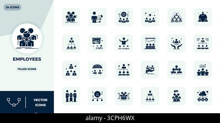 Collection exclusive de 24 icônes vectorielles remplies pour les employés, développée avec une résolution parfaite de 128x128 PIXELS pour des expériences de marque premium. Illustration de Vecteur