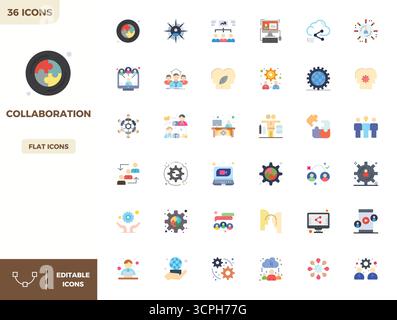 Collection Premium de 36 icônes vectorielles Flat Color pour la collaboration, méticuleusement conçues en 128x128 PIXELS résolution parfaite pour une impac visuelle supérieure Illustration de Vecteur