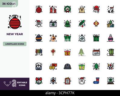 Bundle stratégique comprenant 36 icônes vectorielles représentant le nouvel an au format Flat Lineal Color, optimisé avec 128x128 PIXELS DE qualité parfaite pour profess Illustration de Vecteur
