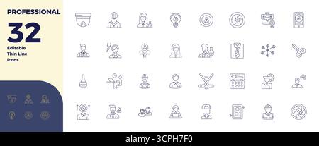 Une collection propre de 32 icônes vectorielles Thin Line représentant Professional, conçu en 128x128 PIXELS format parfait pour les tableaux de bord modernes et interfac Illustration de Vecteur