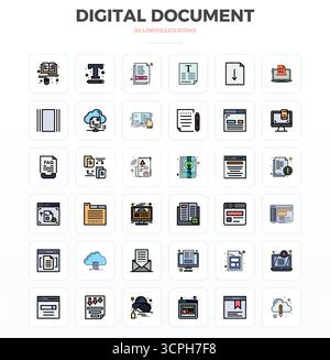 Collection contemporaine de 36 icônes vectorielles représentant Digital document dans l'esthétique LineFill, avec 128x128 PIXELS résolution parfaite pour le moderne Illustration de Vecteur