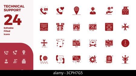 Boîte à outils complète de 24 icônes vectorielles sur le thème du support technique, développé en glyphe rempli de 128x128 PIXELS précision parfaite pour polyvalent Illustration de Vecteur
