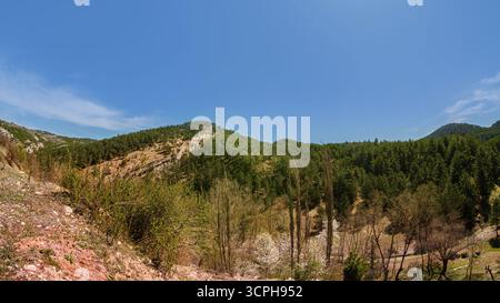 Vue panoramique sur une vallée verdoyante entourée de collines ondulantes et d'un ciel bleu clair. Un paysage pittoresque de majestueuse chaîne de montagnes. Banque D'Images