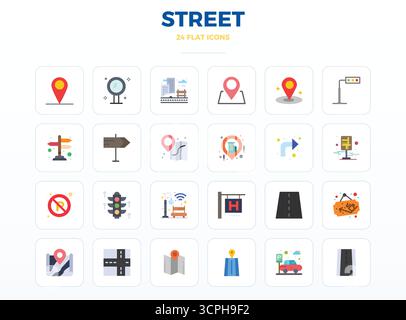Un ensemble dynamique de 24 icônes vectorielles dans minimal Flat, adapté pour Street avec 128x128 PIXELS qualité parfaite pour les produits numériques. Illustration de Vecteur
