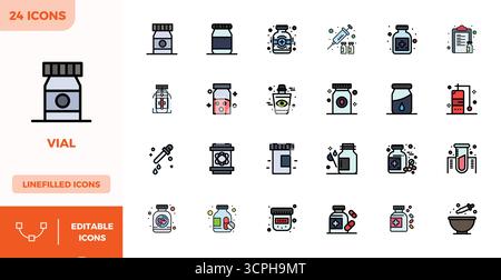 Parfaitement équilibré 24 Flat Lineal Color PIXEL icônes vectorielles parfaites pour flacon, dimensionnées à 128x128 pour une intégration harmonieuse dans les projets de conception numérique. Illustration de Vecteur