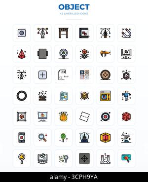Pack innovant de 42 icônes vectorielles sur le thème de l'objet, présentant la conception de LineFill dans le format parfait 128x128 PIXELS pour les solutions numériques modernes. Illustration de Vecteur