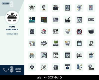 Pack prêt pour l'avenir de 36 icônes vectorielles sur le thème de Home Appliance, présentant un design LineFilled avec une clarté parfaite de 128x128 PIXELS pour un utilisateur innovant Illustration de Vecteur