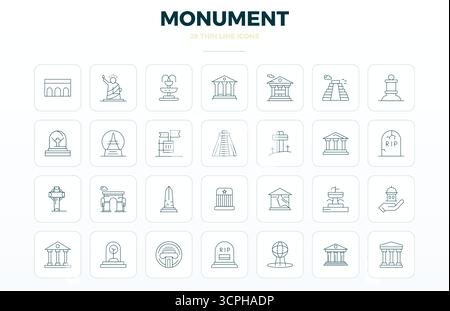 Paquet complet de 28 icônes vectorielles sur le thème de Monument, présentant la conception Thin Outline en 128x128 PIXELS DE qualité parfaite pour les interfaces modernes. Illustration de Vecteur