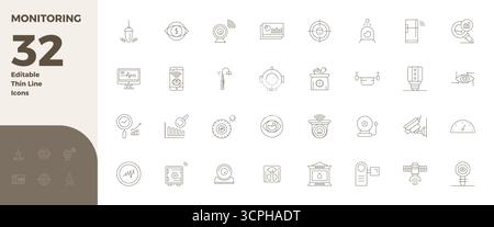 Collection haute performance de 32 icônes vectorielles Thin Line pour la surveillance, conçue avec une résolution parfaite de 128x128 PIXELS pour une interface utilisateur optimale d Illustration de Vecteur