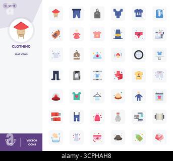 Bundle stratégique avec 42 icônes vectorielles représentant des vêtements en format plat, optimisé avec 128x128 PIXELS DE qualité parfaite pour le workflo professionnel Illustration de Vecteur