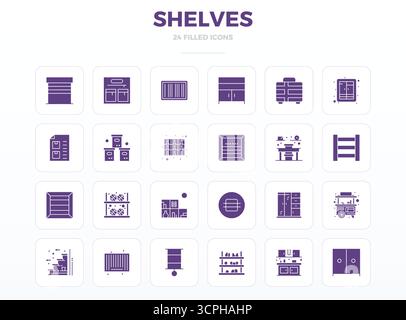 Un ensemble dynamique de 24 icônes vectorielles dans SolidFill, adapté pour les étagères avec 128x128 PIXELS DE qualité parfaite adapté aux produits numériques. Illustration de Vecteur