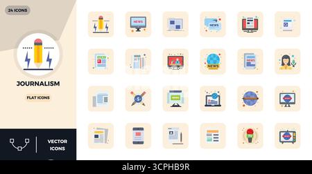 Pack prêt pour l'avenir de 24 icônes vectorielles sur le thème du journalisme, présentant un design plat avec une clarté parfaite de 128x128 PIXELS pour une interface utilisateur innovante Illustration de Vecteur