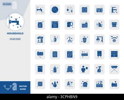 Collection de 36 icônes vectorielles parfaites de PIXEL remplies pour le ménage, conçues au format 128x128 pour la clarté et la polyvalence. Illustration de Vecteur