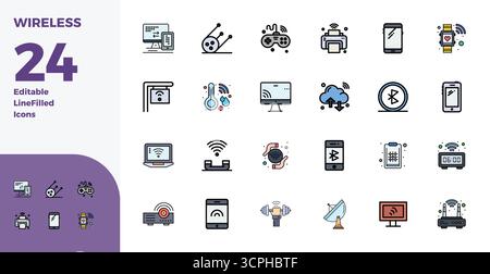 Pack essentiel d'icônes vectorielles parfaites de 24 PIXELS pour sans fil au format Duotone, dimensionné à 128x128 pour des performances et une évolutivité optimales. Illustration de Vecteur