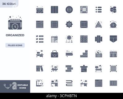 Ensemble raffiné avec 36 icônes vectorielles remplies pour organisé, optimisé avec 128x128 PIXELS DE qualité parfaite pour une solution de conception élégante et fonctionnelle Illustration de Vecteur
