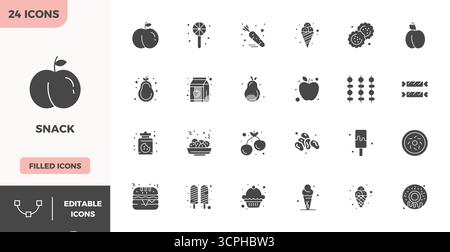 Collection avancée d'icônes vectorielles parfaites de 24 PIXELS inspirées par Snack, conçues avec une optimisation 128x128 pour des performances visuelles supérieures. Illustration de Vecteur