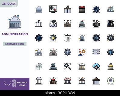 Ensemble de 36 icônes vectorielles de PIXEL linéaire plat couleur parfait sur le thème de l'administration, conçu en résolution 128x128 pour une intégration transparente dans les applications et Illustration de Vecteur