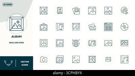 Ensemble simplifié de 24 icônes vectorielles pour album in Bold Line esthétique, avec 128x128 PIXELS résolution parfaite pour une expérience utilisateur transparente. Illustration de Vecteur