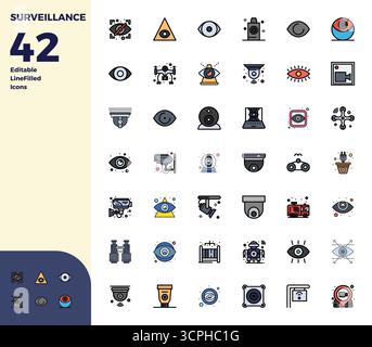 Ultime collection de 42 icônes vectorielles représentant la surveillance dans l'esthétique Duotone, optimisée avec 128x128 PIXELS résolution parfaite pour un maximum d'imp Illustration de Vecteur