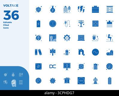 Ultime collection de 36 icônes vectorielles représentant Voltage dans l'esthétique remplie de glyphes, optimisée avec 128x128 PIXELS résolution parfaite pour un maximum d'imp Illustration de Vecteur
